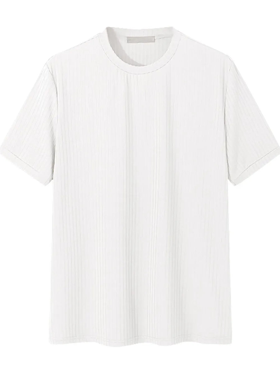 White ribbed crewneck t-shirt with short sleeves and a textured vertical stripe pattern.