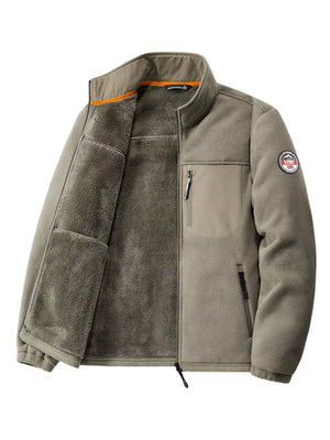 Men's Khaki fleece jacket with zip pockets and contrasting chest pocket.