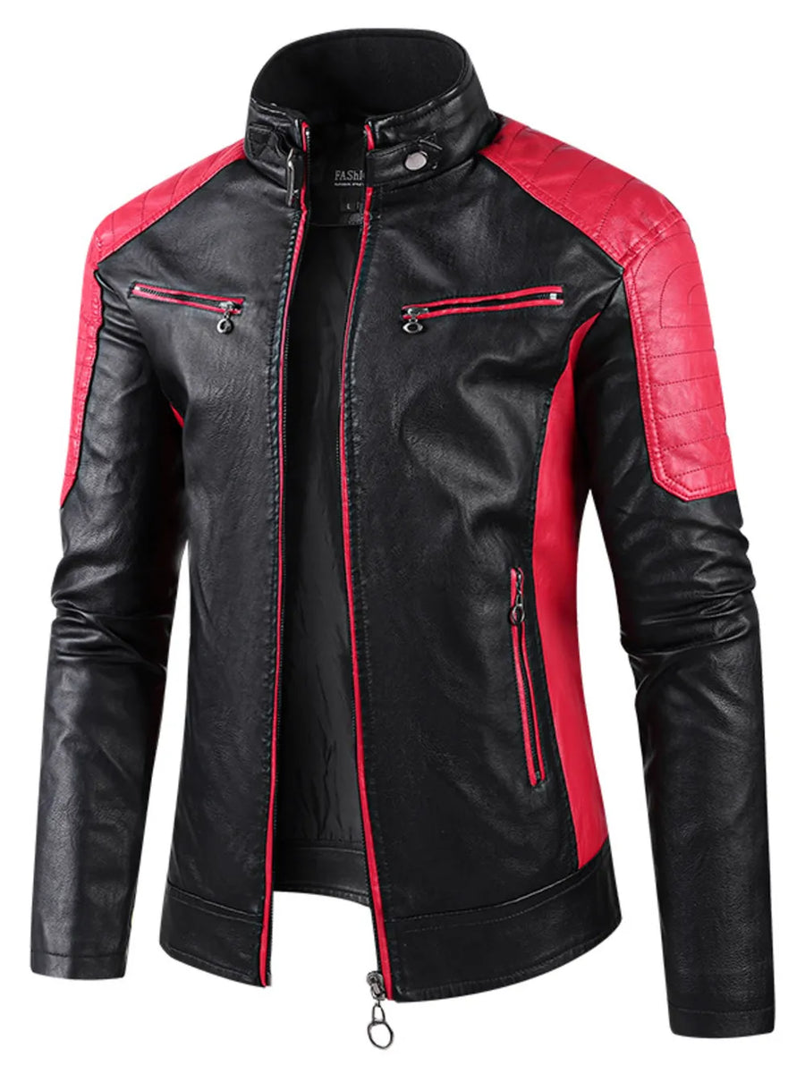 Black faux leather moto jacket with red accents, zip pockets, and quilted shoulders.