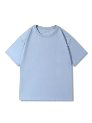 Light blue 100% cotton crew neck t-shirt with short sleeves.