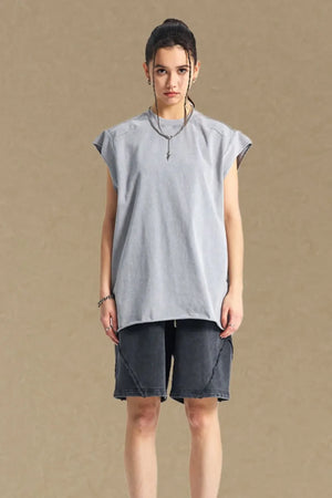 Gray raw edge muscle tank top with a crew neck and short sleeves.