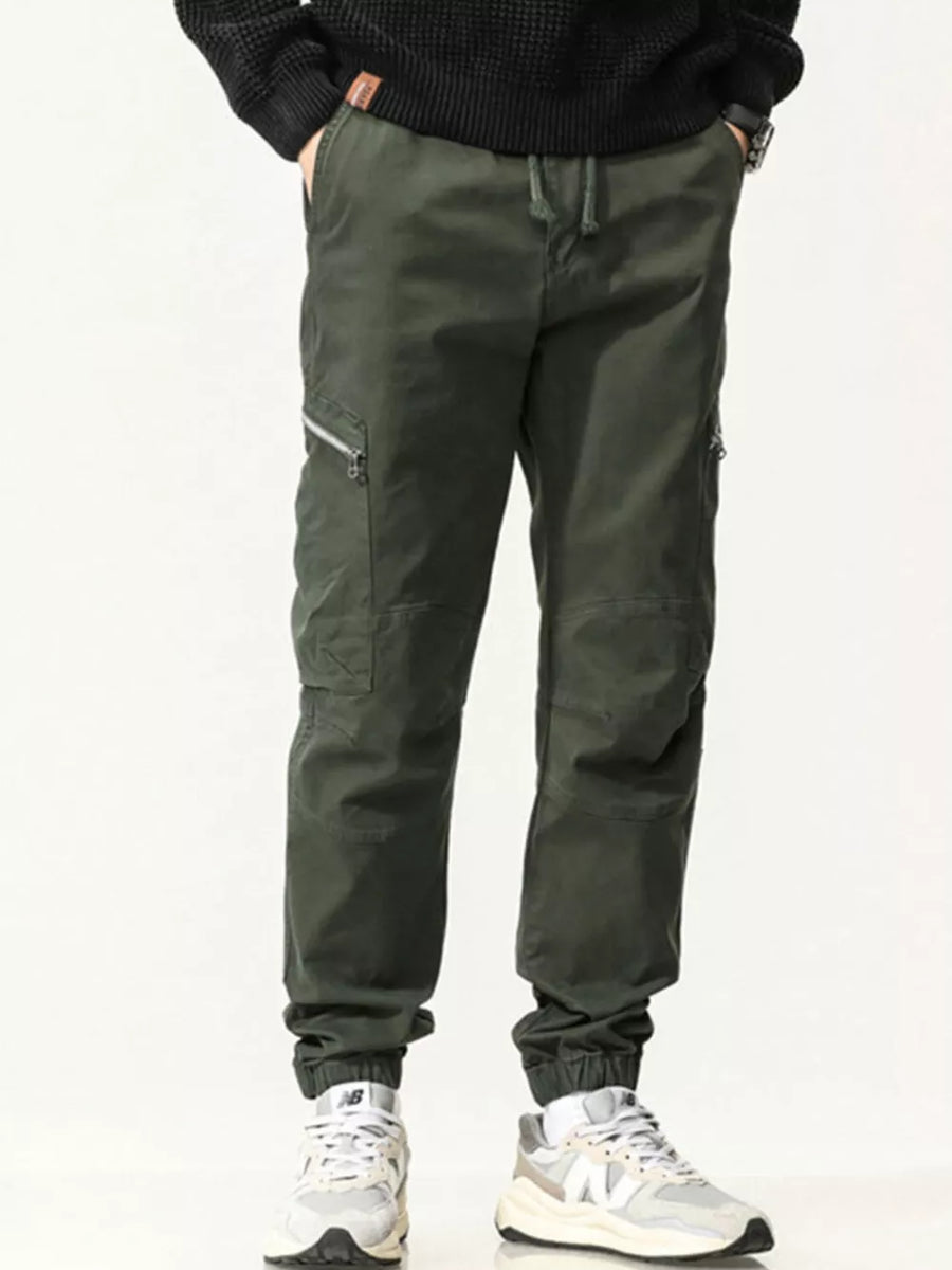 Men's Army Green Cotton Cargo Pants with Zipper Pockets