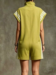 Sporty olive green zip-up romper with white stripe details on sleeves and sides.