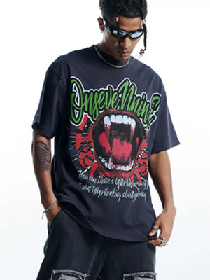 Dark gray 100% cotton oversized graphic t-shirt with a bold vampire mouth design and text.