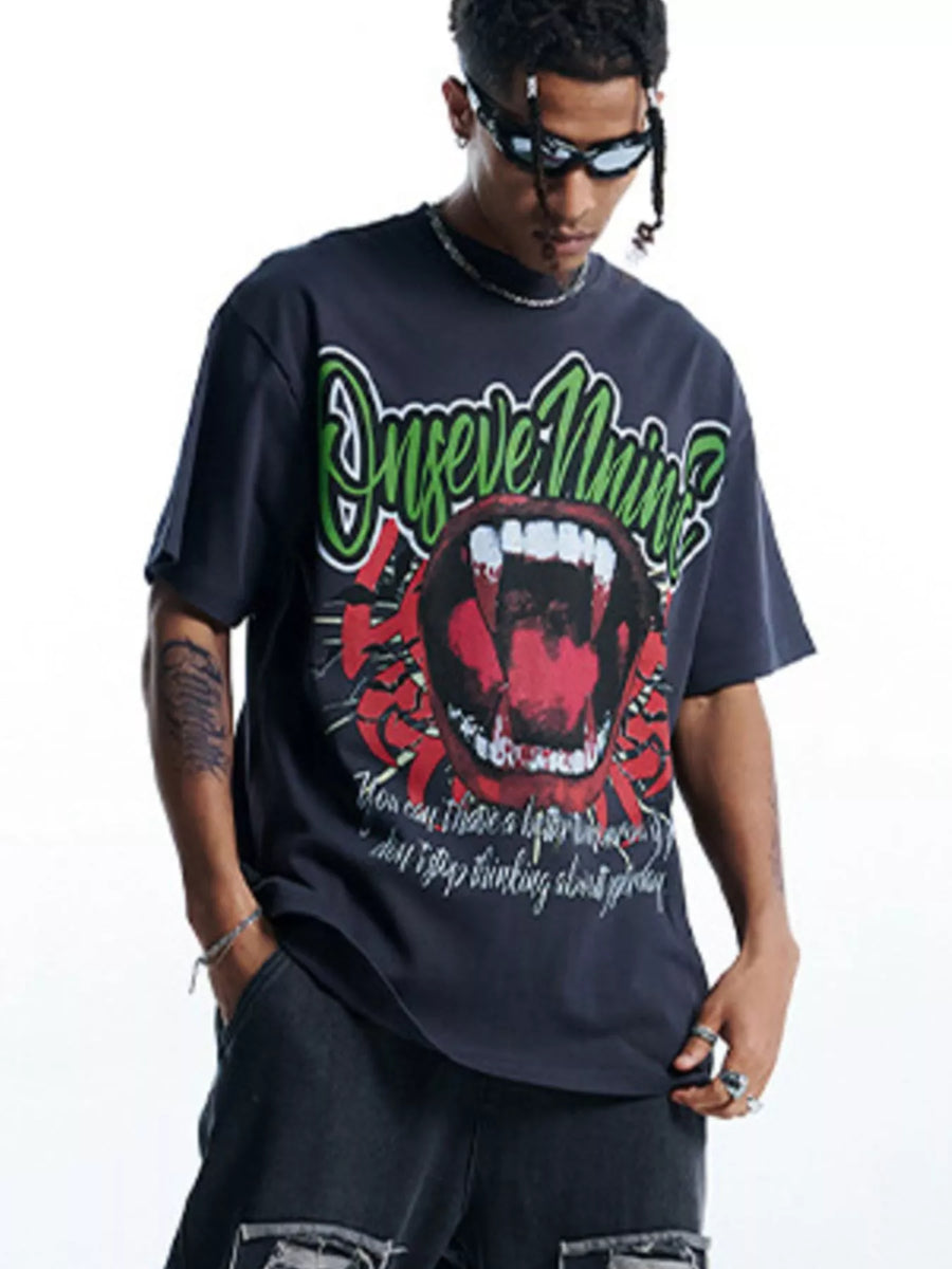 Dark gray 100% cotton oversized graphic t-shirt with a bold vampire mouth design and text.
