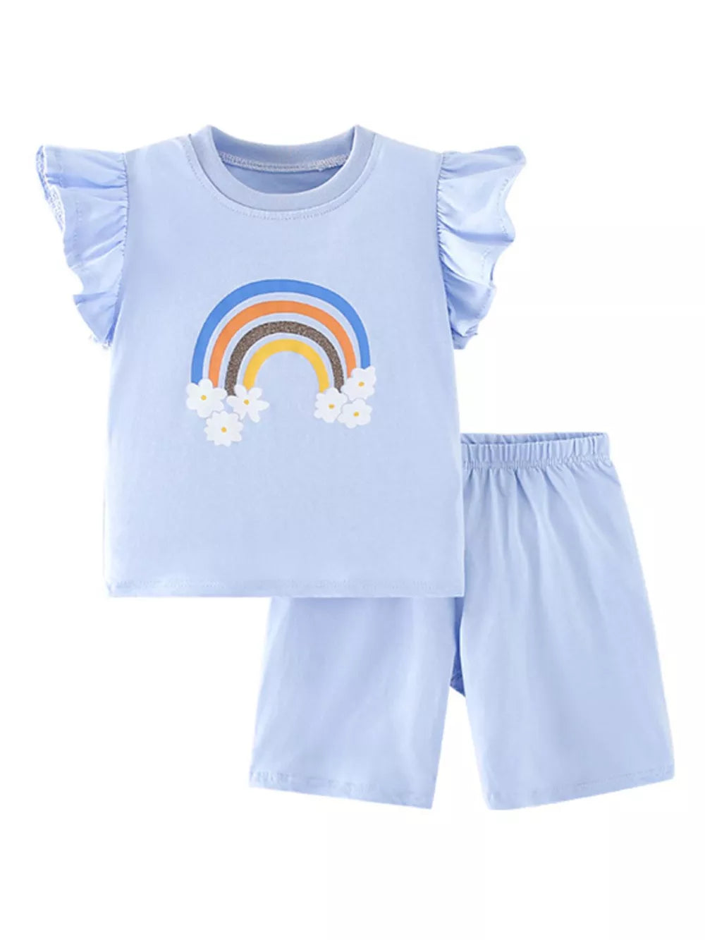 Light blue cotton blend toddler set with rainbow graphic and ruffle sleeves