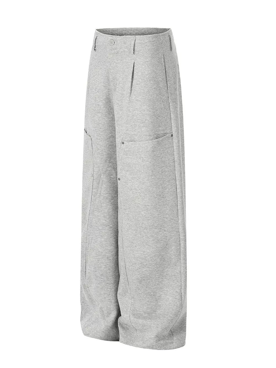 Gray wide-leg sweatpants with pleated front and cargo pockets.