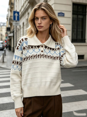 brown polo sweater featuring buttoned and Fair Isle