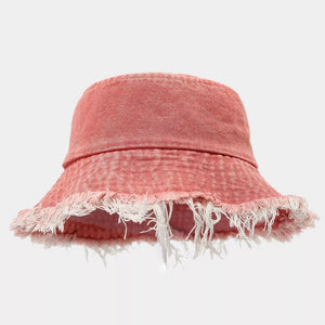 Vintage Washed Denim Bucket Hat in Light Green with frayed