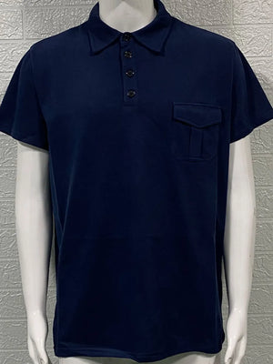 Navy utility pocket polo shirt with short sleeves and a button placket.