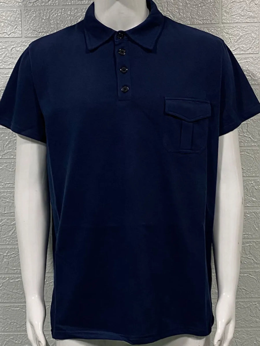 Navy utility pocket polo shirt with short sleeves and a button placket.