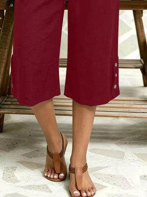 High-waisted Drawstring Capris in Khaki with drawstring waist