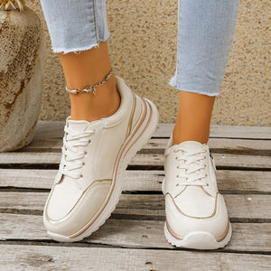 Fabric Chunky-Sole Round Toe Lace Up Sneakers in Camel Color with round toe