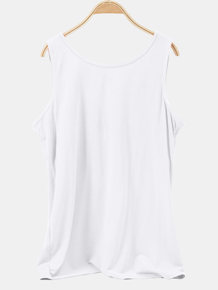 White scoop neck tank top with a relaxed fit and sleeveless design.