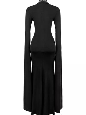 black maxi dress with stretch and cape sleeve