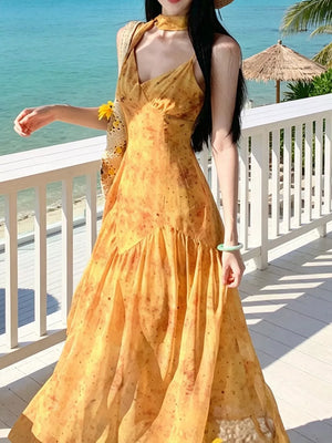 mustard midi dress with floral-print and v-neck