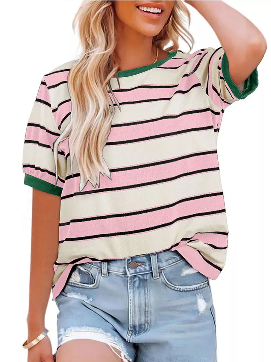 Classic striped crew neck tee with pink, cream, and black horizontal stripes and green trim.