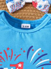 Blue cotton baby outfit with fireworks and stars print and matching bow headband.