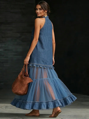 95% polyester, 5% elastane Care instructions: Machine wash cold maxi dress in sky blue with A-line silhouette