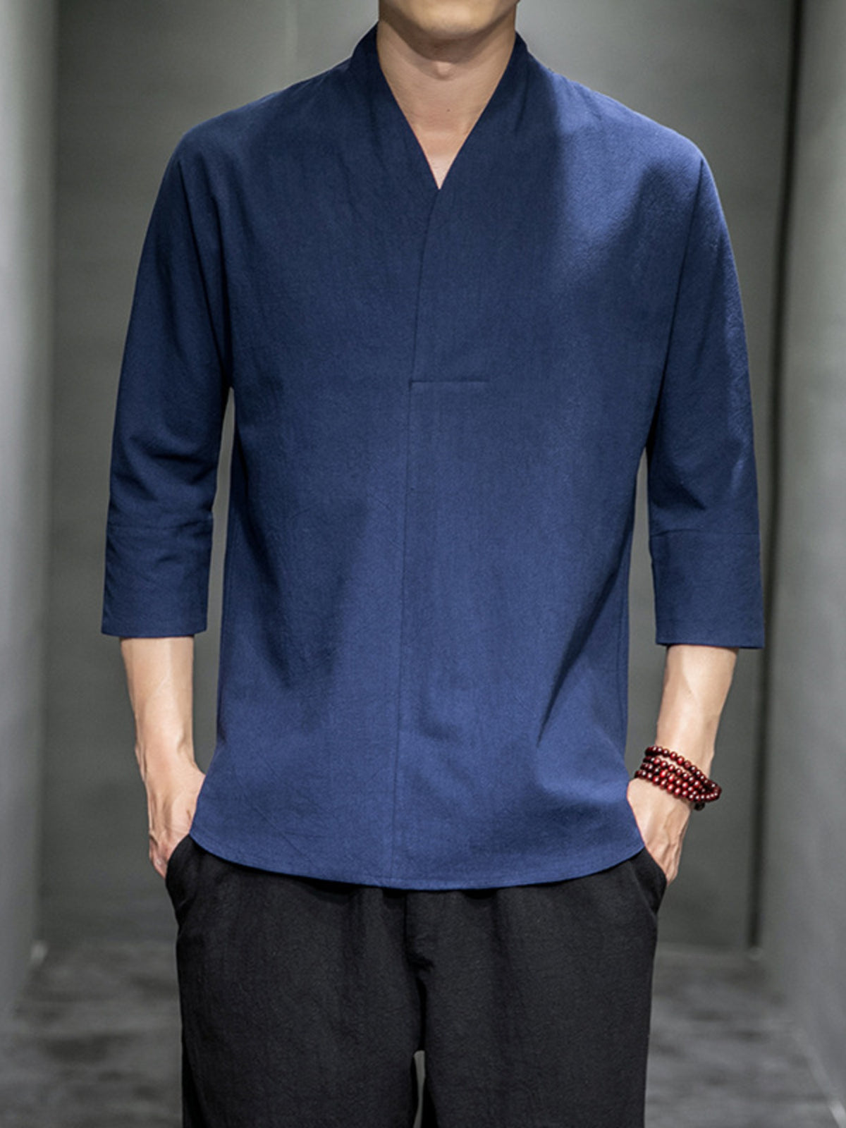 Men's blue relaxed fit V-neck 3/4 sleeve cotton blend shirt