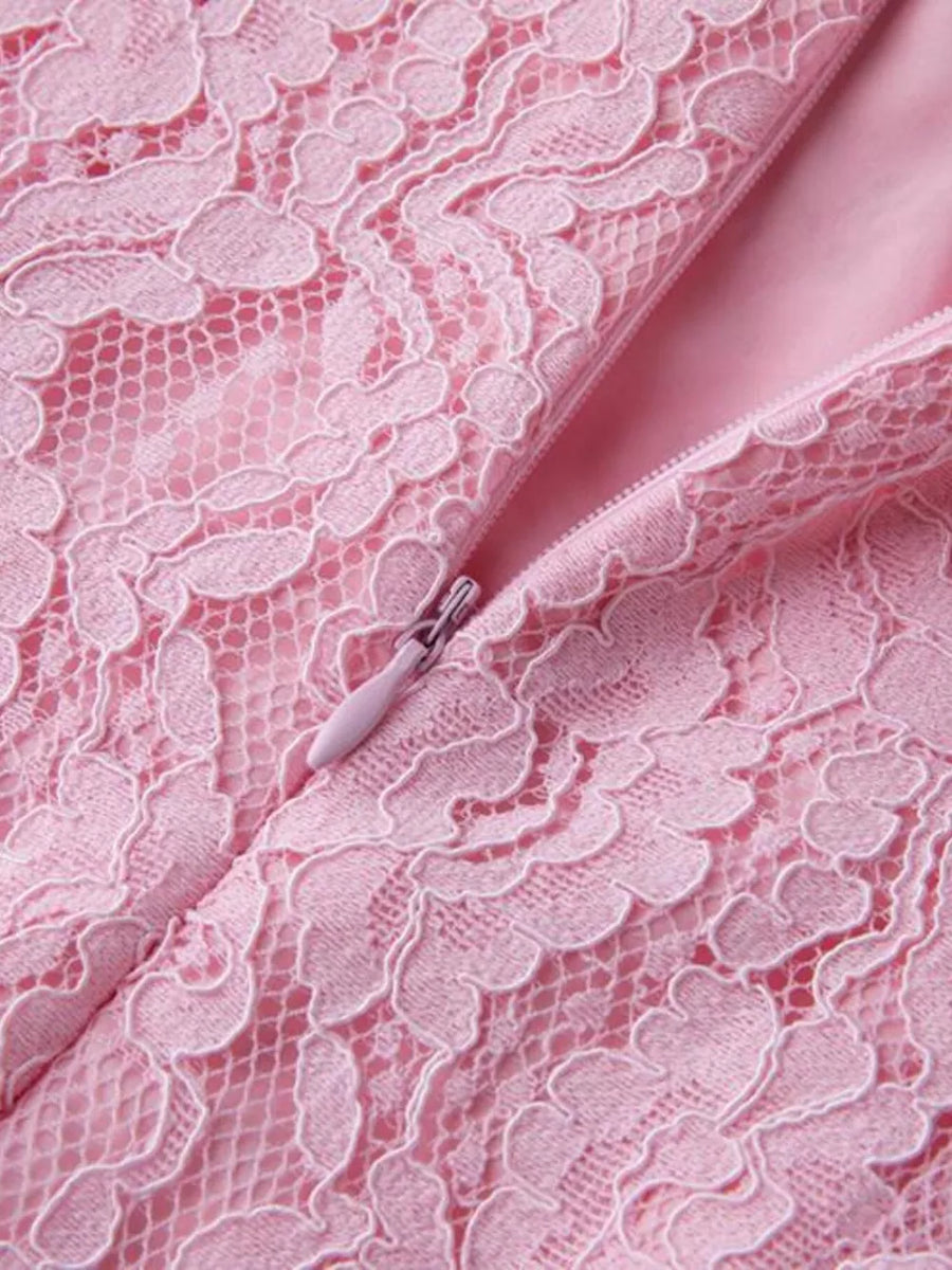 Pink lace midi dress with zipper detail and sheer sleeve texture.