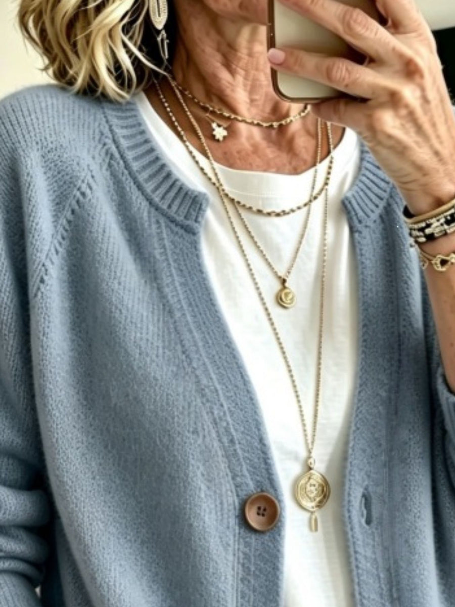 Full Size Button Up Raglan Sleeve Cardigan in Sea Blue with buttoned