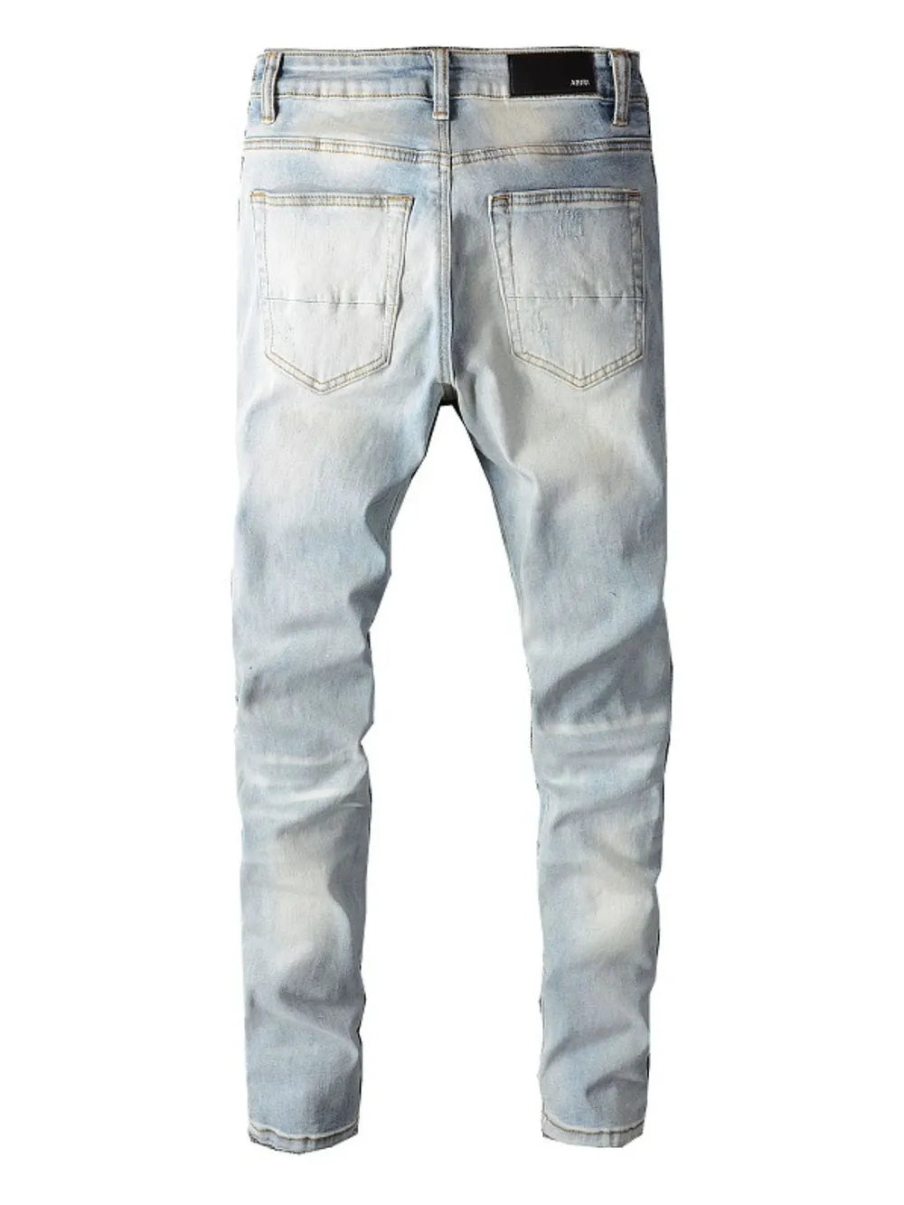 Light wash distressed slim-fit jeans with a five-pocket design and a black brand patch.