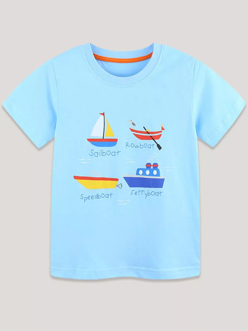 Light blue cotton t-shirt with a whimsical cartoon boat print and orange neckline trim.