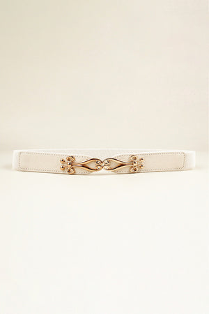 White elastic belt with leather accents and ornate gold clasp