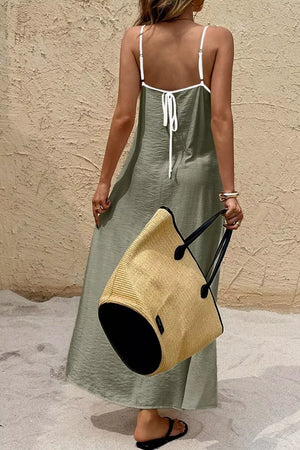 Spaghetti Strap Maxi Dress With Contrast Trim in Matcha Green