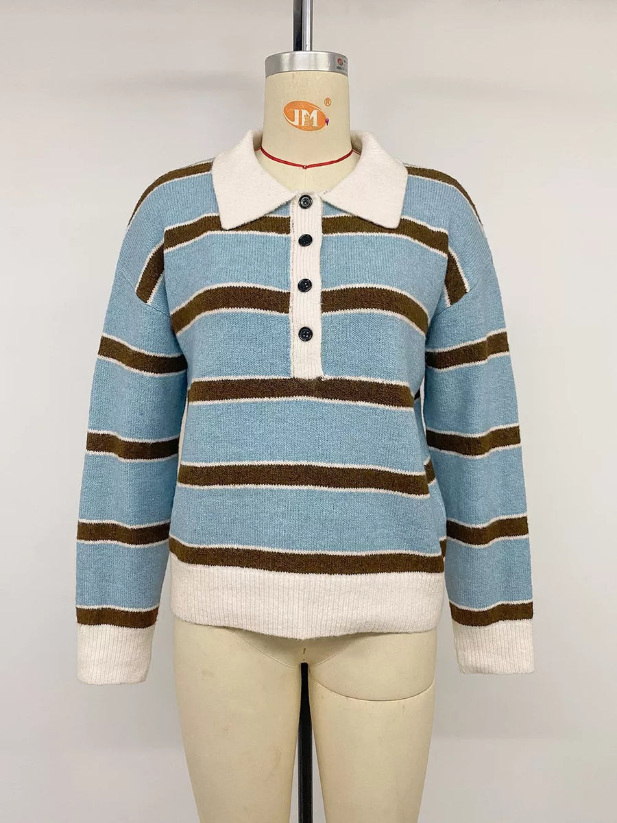 Striped Polo Collar Sweater in Blue, view 12