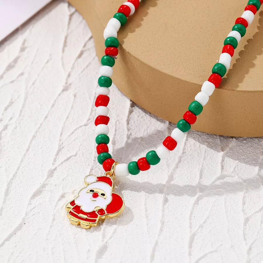 18k Gold-plated Christmas Beaded Necklace With Santa Charm in Red with beaded