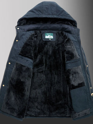 Men's navy blue hooded coat with plush fleece lining and multiple pockets.