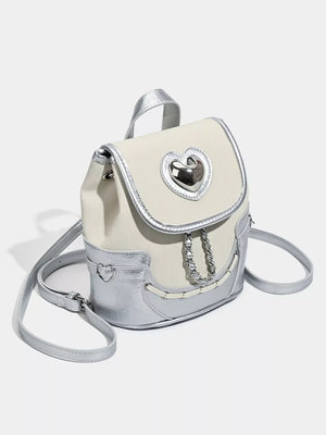 White and silver mini heart flap backpack with chain detail