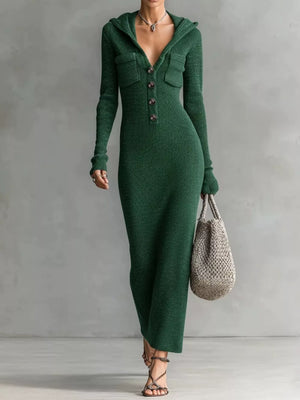 Hooded Knit Maxi Sweater Dress in Navy
