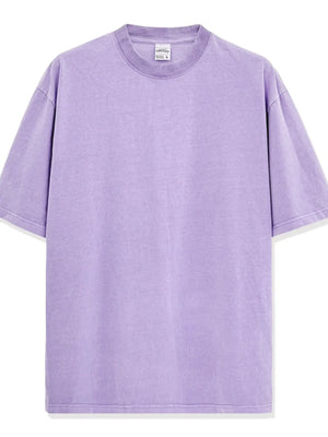 Oversized lavender pigment-dyed crewneck t-shirt with a relaxed fit and short sleeves.