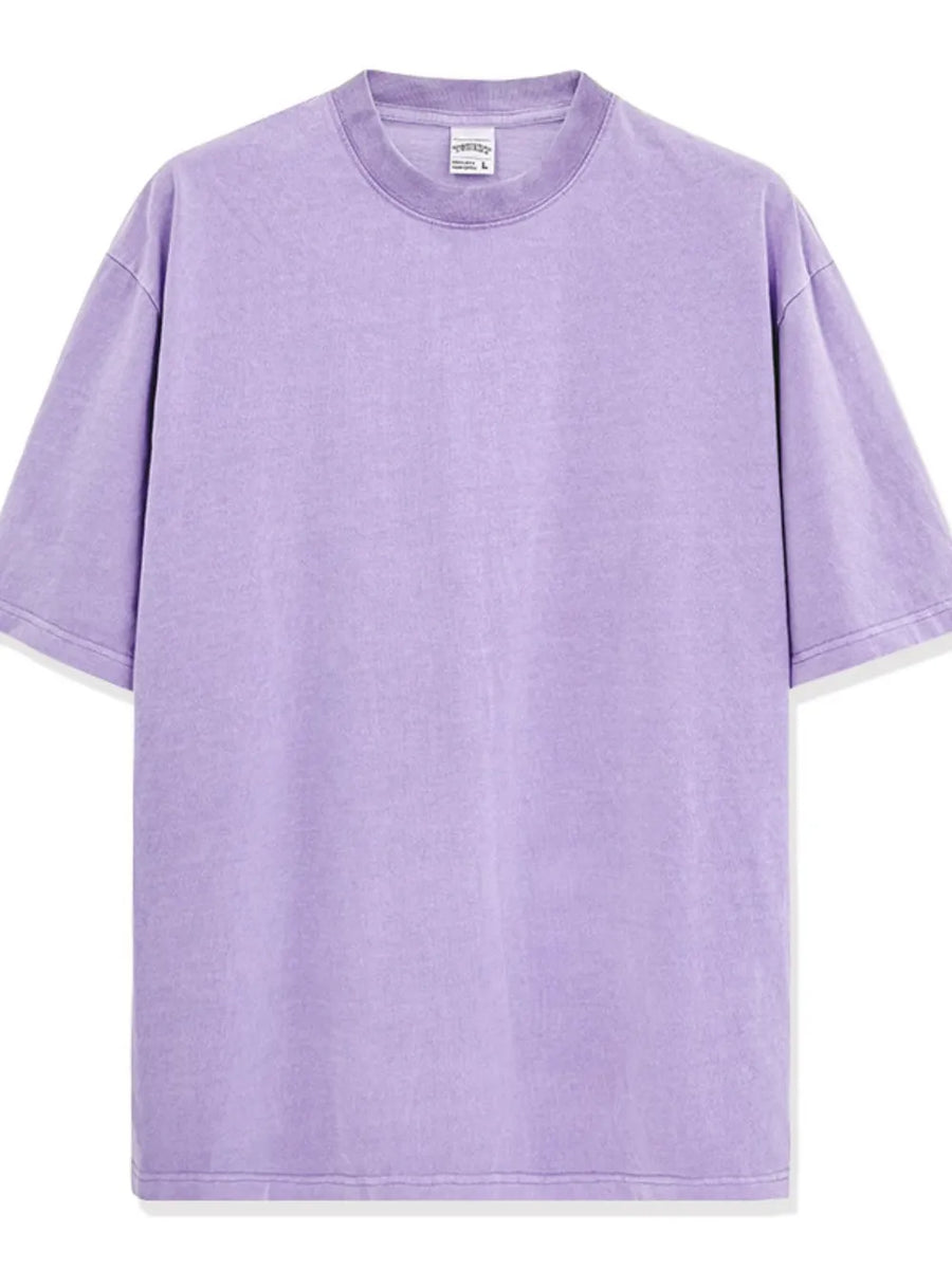 Oversized lavender pigment-dyed crewneck t-shirt with a relaxed fit and short sleeves.