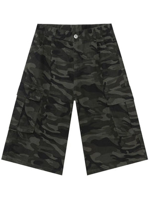 Pleated camo culotte cargo shorts in green camouflage with button closure and multiple pockets.