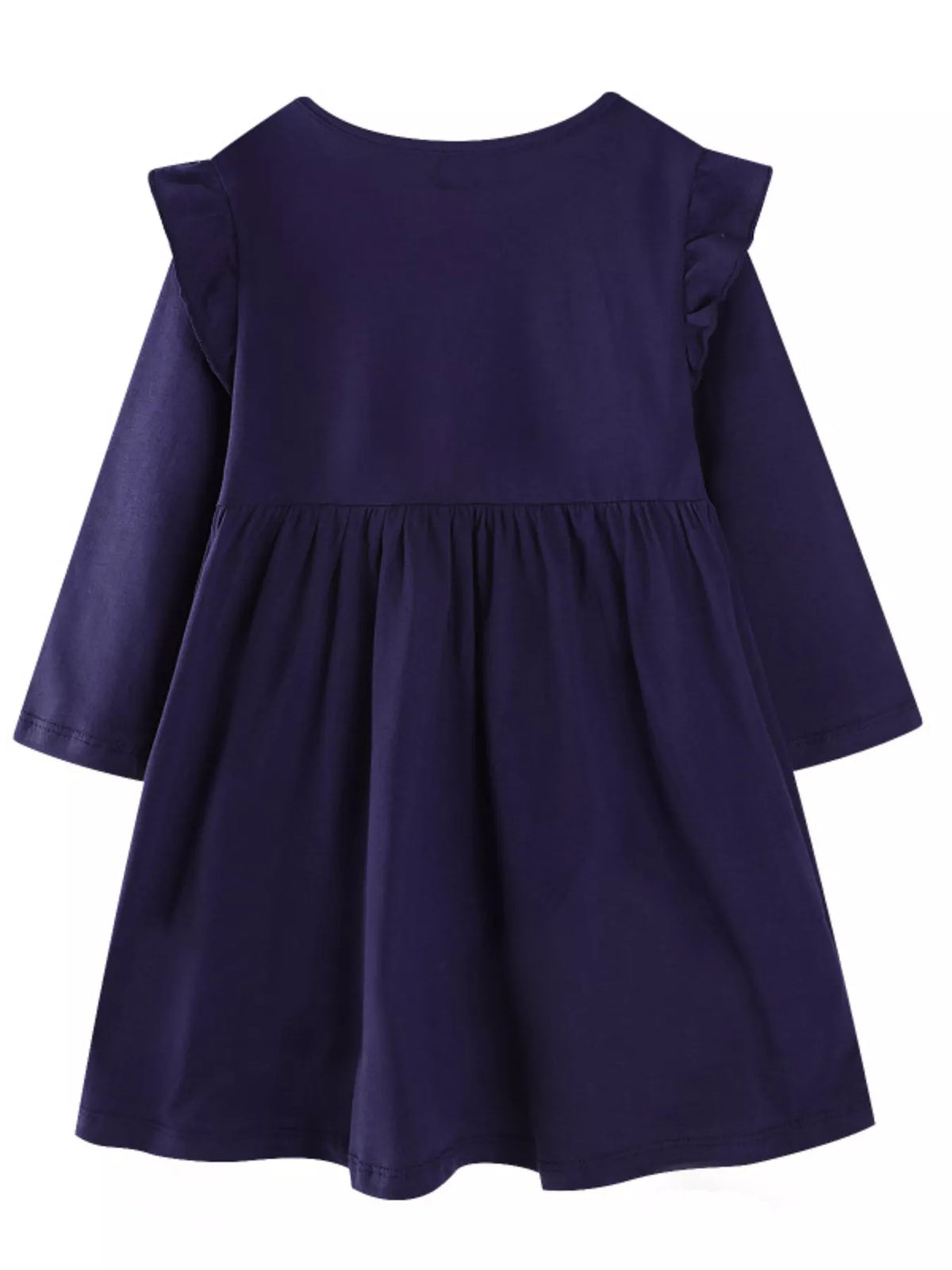 Dark navy long-sleeve baby dress with ruffle shoulders and gathered waist