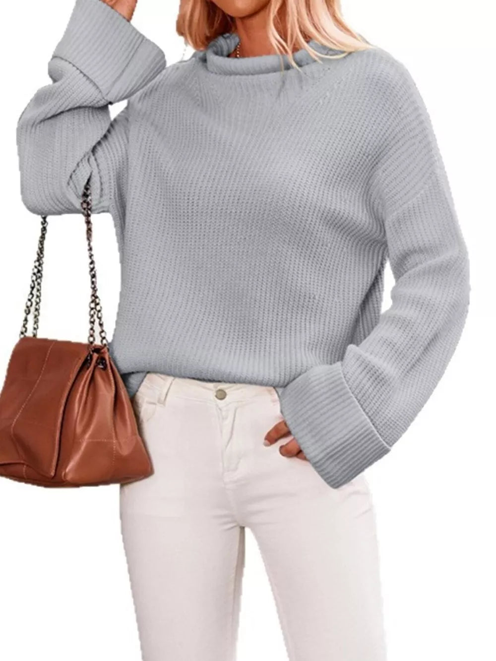 Mock Neck Dropped Shoulder Sweater in Black with oversized