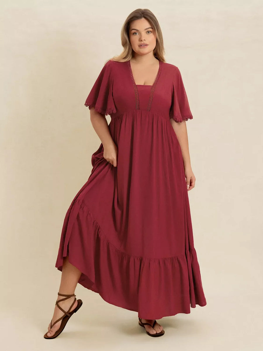 Burgundy lace detail flutter sleeve maxi dress with tiered ruffled hem.