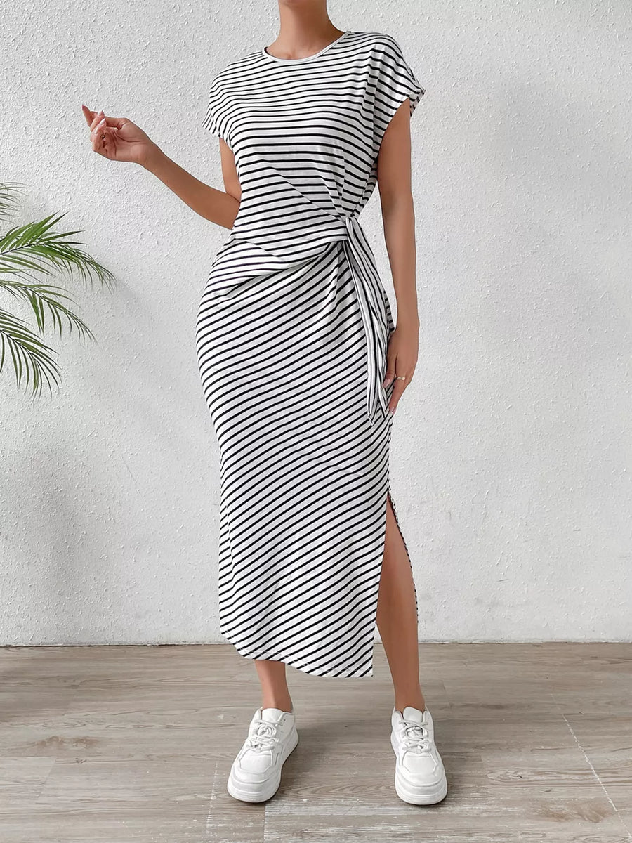 Striped knit midi dress with short sleeves, a tie waist, and a side slit.