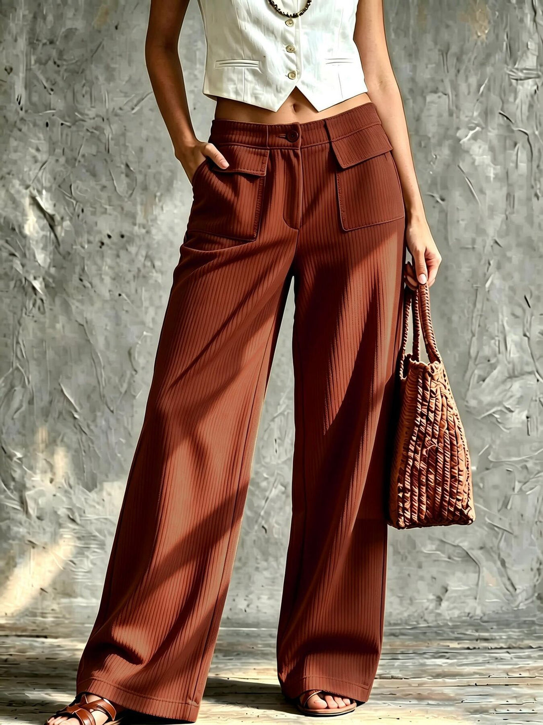 wide-leg pants in Navy Blue with pocketed and full-length