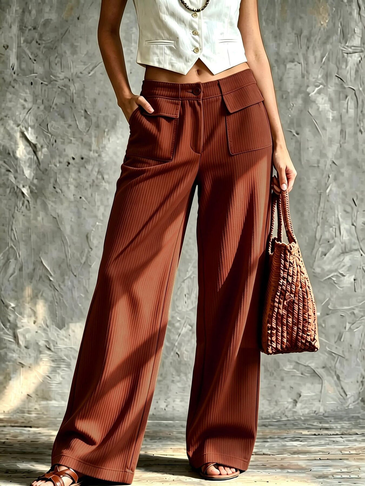 wide-leg pants in Navy Blue with pocketed and full-length