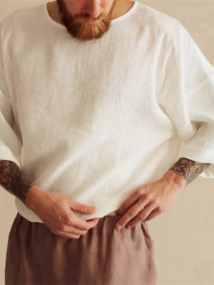 White with Men's Loose Fit Round Neck T-shirt Plus Size in White