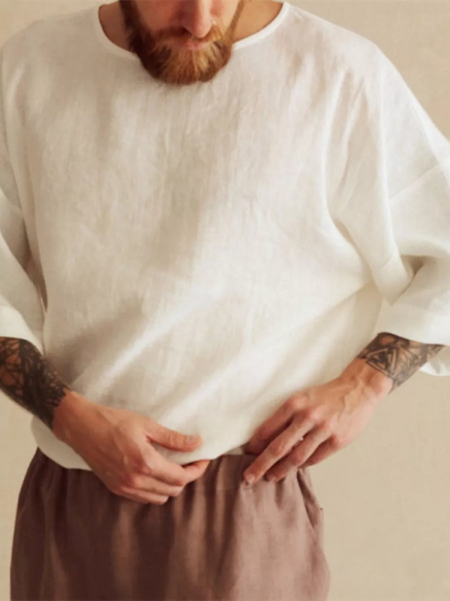 White with Men's Loose Fit Round Neck T-shirt Plus Size in White