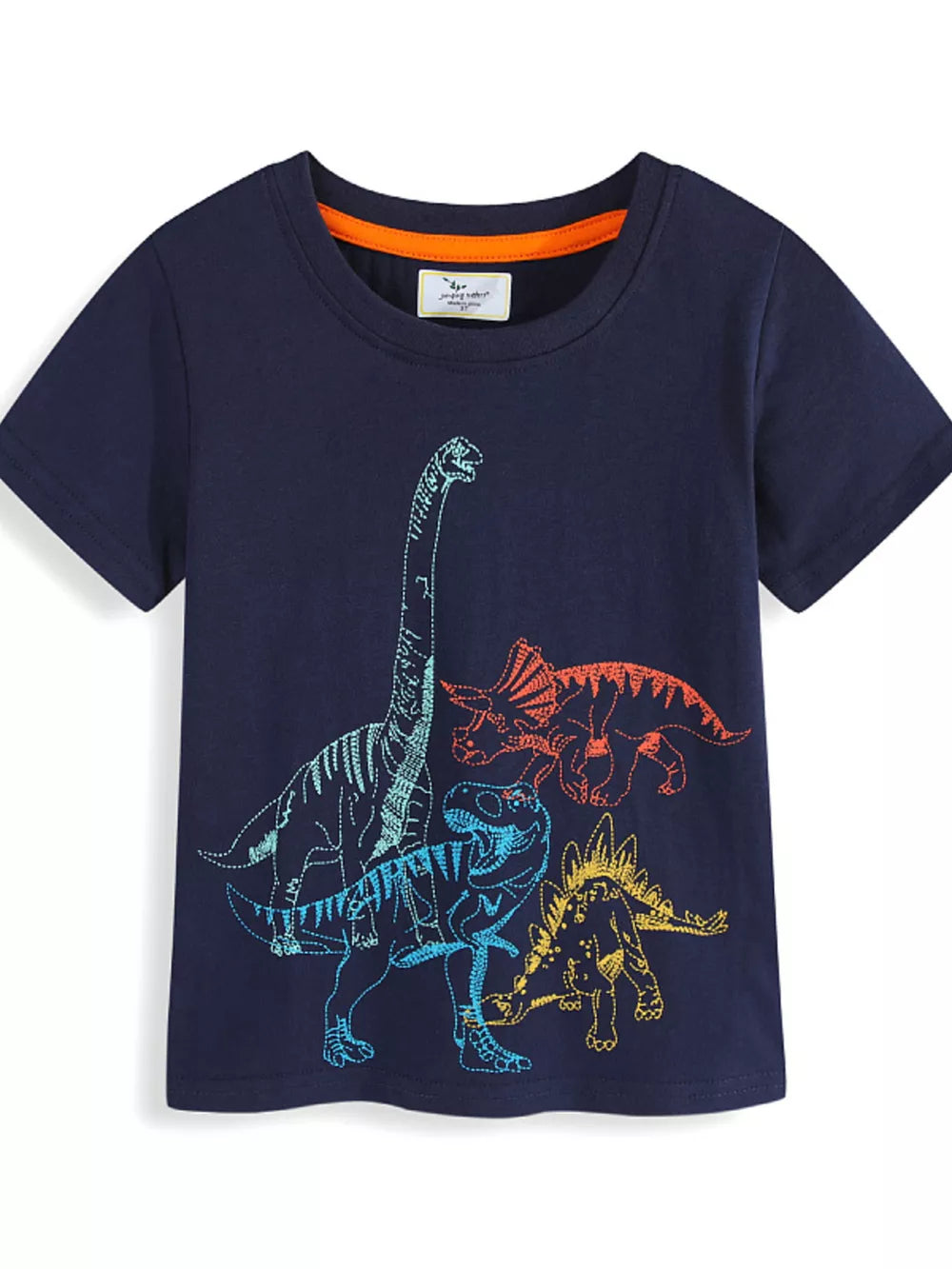 Navy cotton crew neck t-shirt with embroidered dinosaur graphic for toddlers.