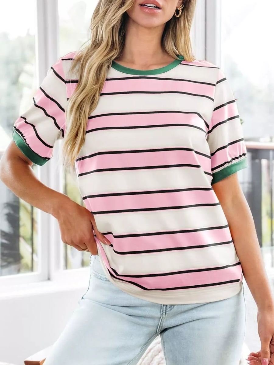 Striped crew neck tee with pink, black, and white stripes and green trim.