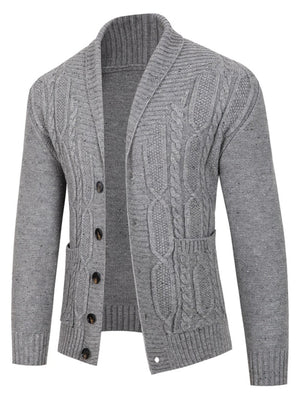 Gray cardigan with hip-length and button-front