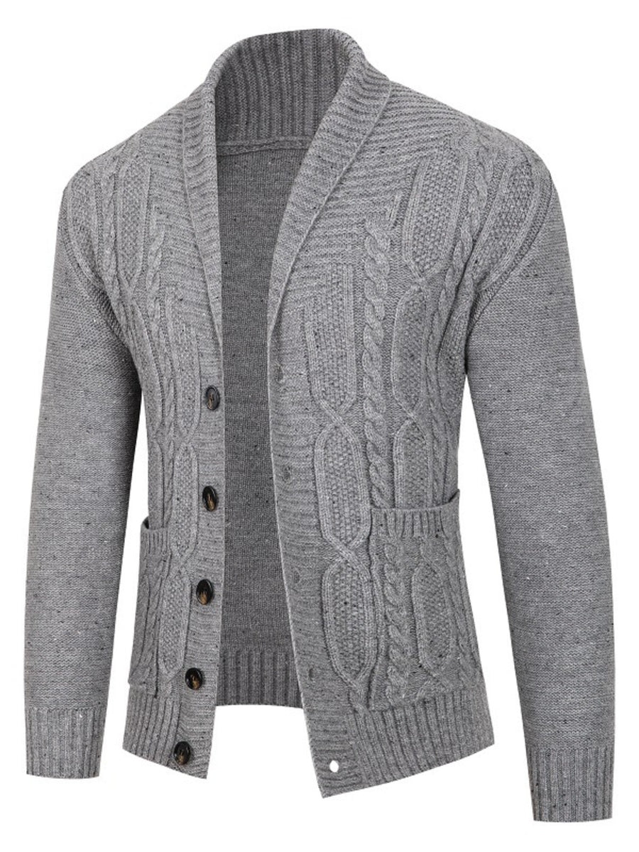 Gray cardigan with hip-length and button-front